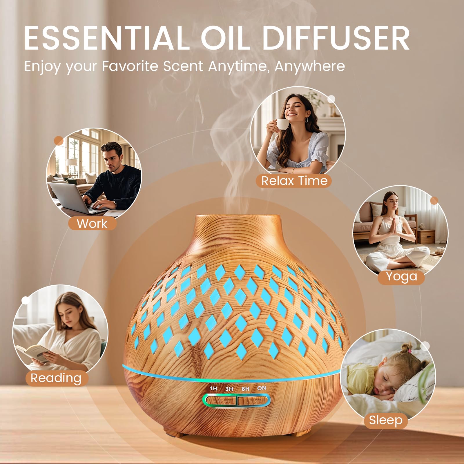 AESHORY Diffuseur d'huiles Essentielles 550ML, Diffuseur de Parfum avec 12x5ML Huiles Essentielles, Humidificateur Ultrasonique avec 7 Couleurs Lumières LED, Arrêt Automatique, pour Maison, Yoga, Spa