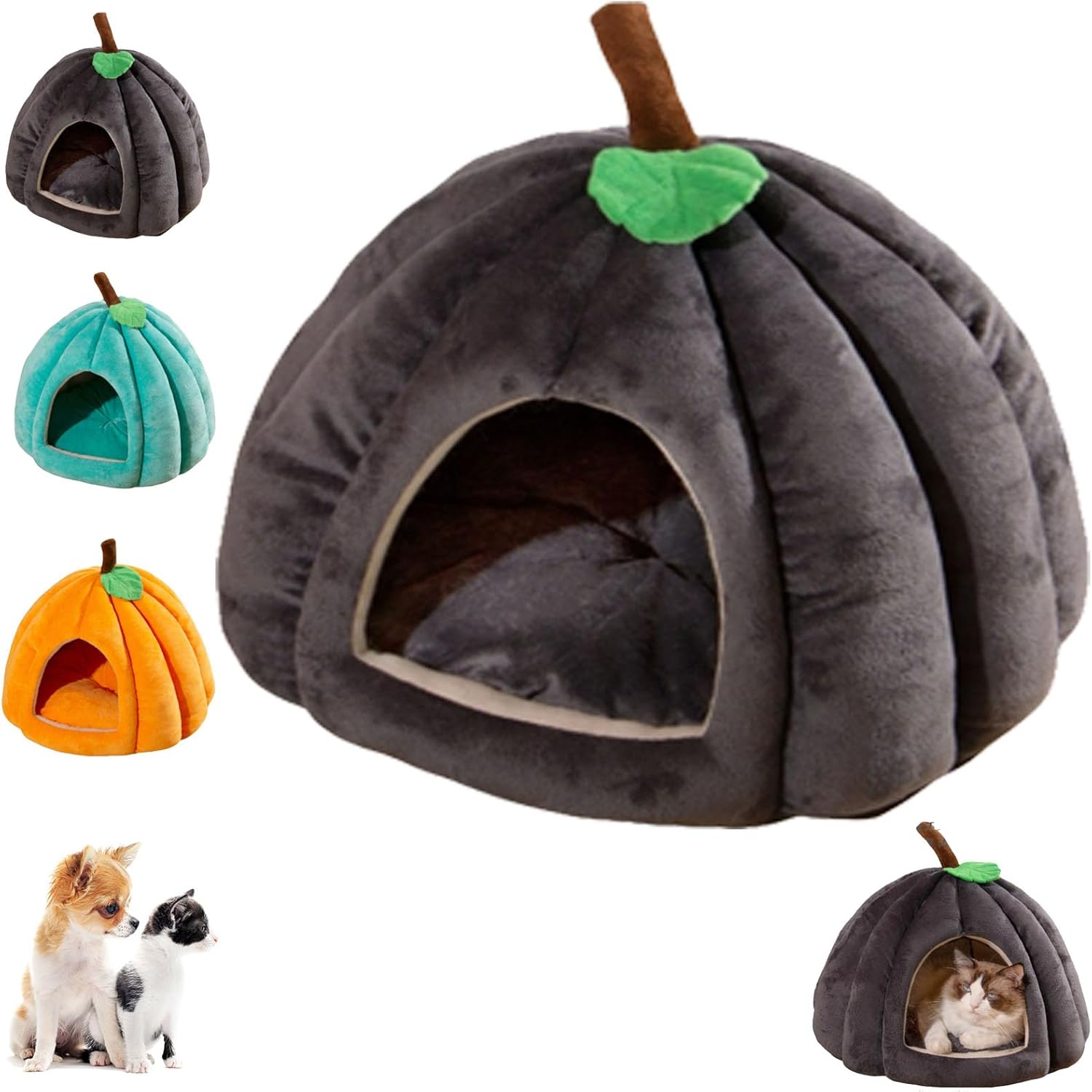 Pumpkin Cat Bed - 3D Pumpkin Shape Cozy Pet Cave (Dark Gray, L)