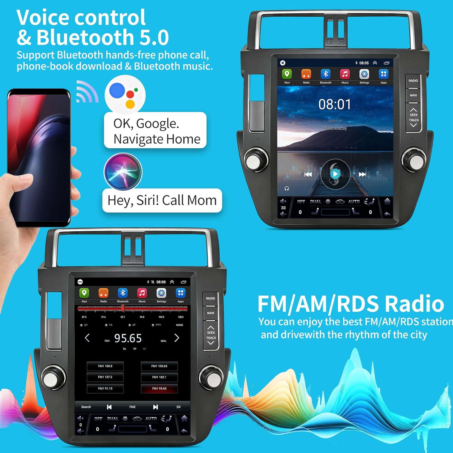 Car Radio Stereo for Toyota Land Cruiser Prado 2010 2011 2012 2013, 12.1 inch Touchscreen Wireless Carplay & Android Auto Tesla Style Headunit Upgraded with Bluetooth GPS Navi SWC WiFi FM DSP Camera