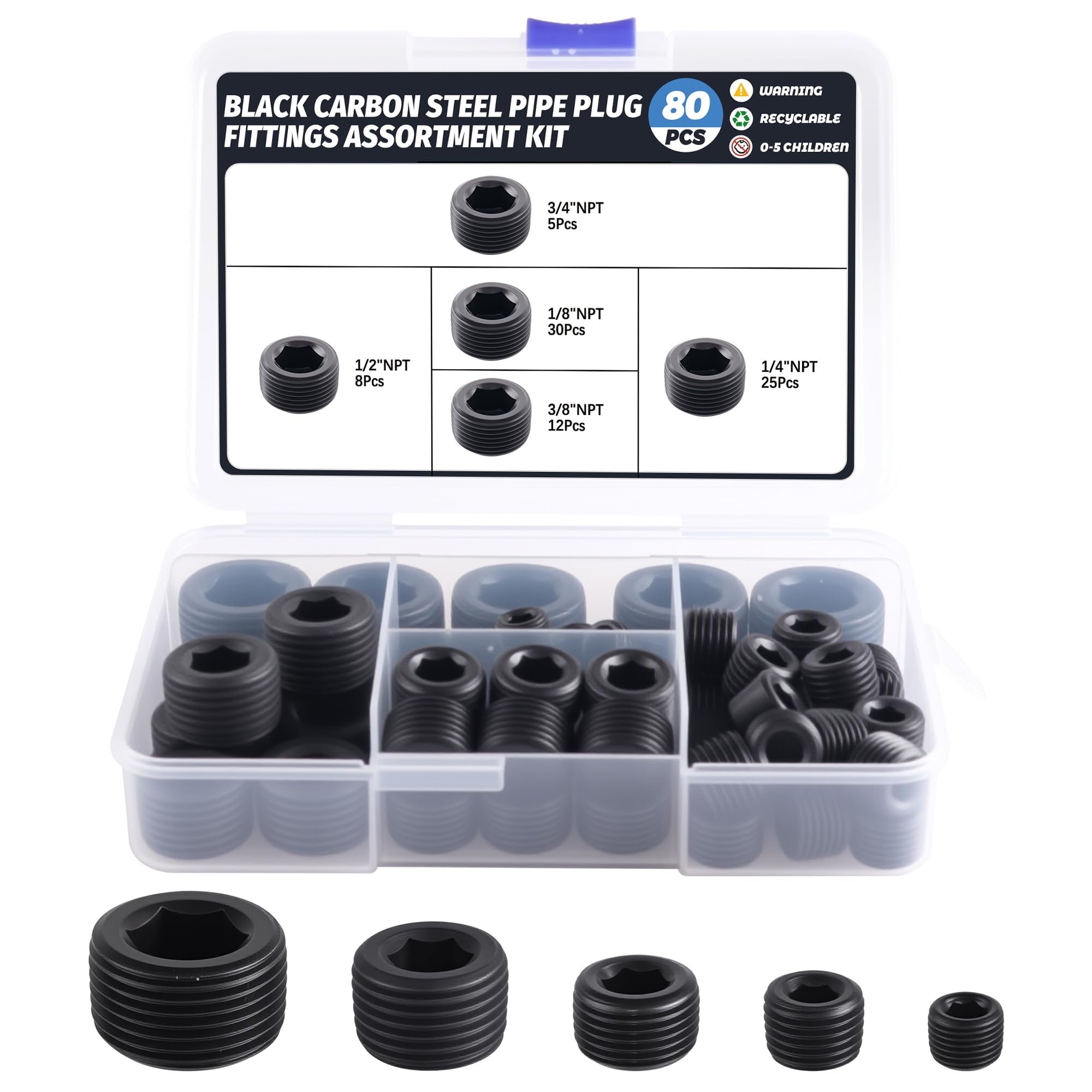 80Pcs Black Carbon Steel Pipe Plug Fittings Kit,5 Sizes