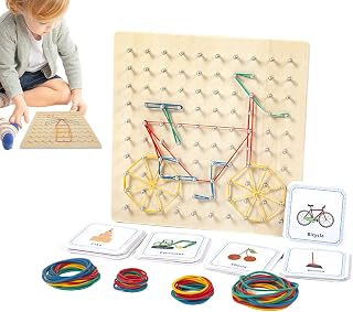 Geoboard preescolar – Tabla de goma elástica para aprendizaje educativo | Juguete educativo temprano con 50 tarjetas de patrón, 80 anillos elásticos, juguete creativo para niños pequeños, desarrollo