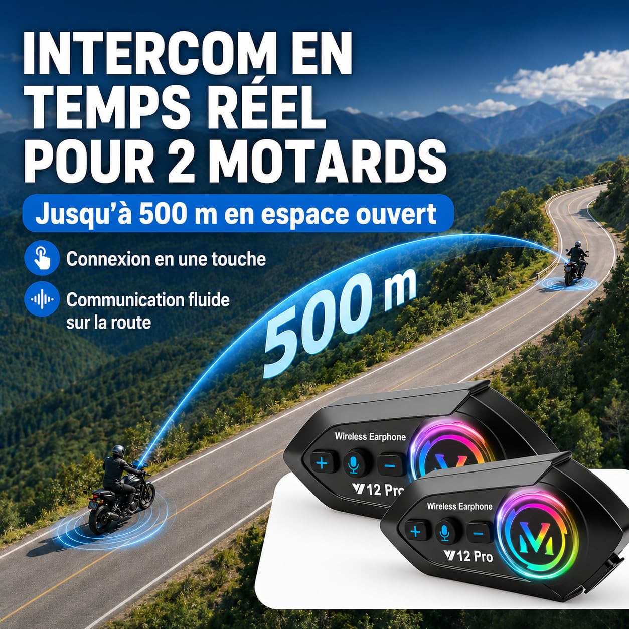 Genérico Intercomunicador Bluetooth 5.4 para Moto, Sistema de Comunicación Inalámbrico para 2 Pilotos hasta 500m, Auriculares Impermeables IP56 para Casco Universal, Set de 2