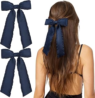 2PCS Hair Bows for Women Girls, Navy Tassel Hair Ribbon Bowknot Hair Clips Barrettes Hair Accessories for Girl with Long Tail (Navy)