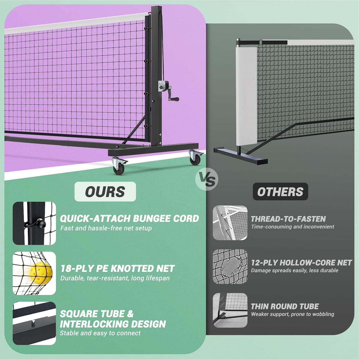Pro Pickleball Net Tournament 22ft - Hand Crank Tension System, Anti-Sag Heavy-Duty Frame with Locking Wheels, Easy Setup, Includes Carry Bag, for Indoor/Outdoor Courts