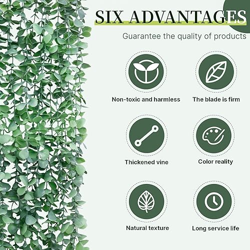 Miniatura 6 de Plantas colgantes artificiales para estante, vegetación falsa en maceta, paquete de 2 enredaderas de eucalipto sintético en maceta negra, decoración