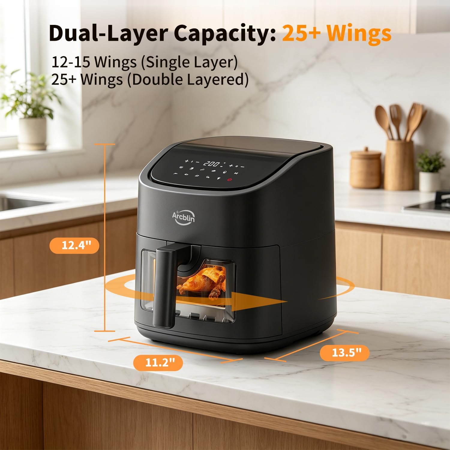 6.34 Quart Air Fryer with Visible Window, 1500W Large Capacity Compact Airfryer Oven with 12 Presets, 304 Stainless Steel Heating Element, Touchscreen Control for Healthy Oil-Free Cooking, Black