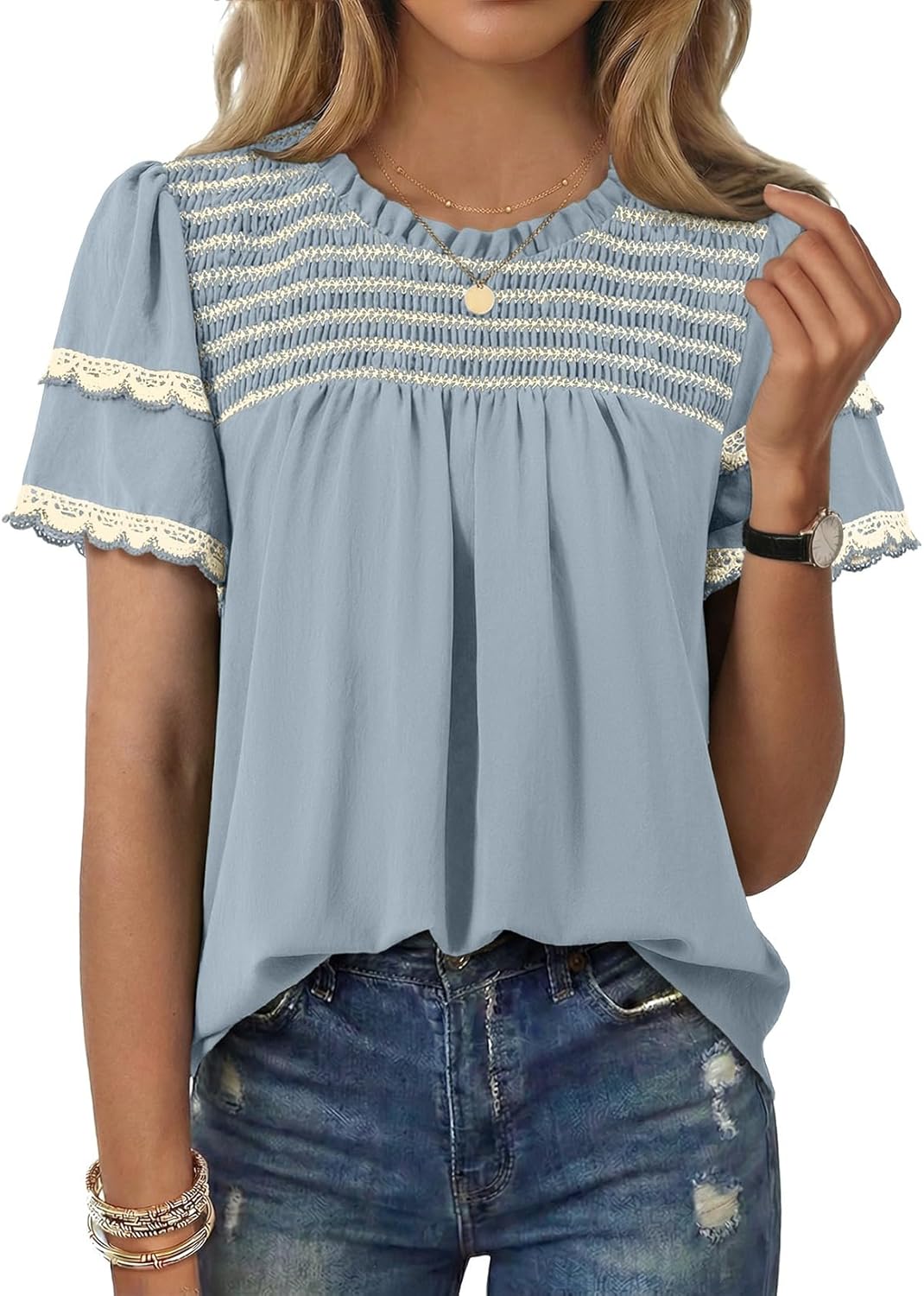 Dokotoo Womens Summer Tops Crewneck Ruffle Short Sleeve Shirts Casual Pleated Blouses Flowy Boho Clothing - Image 2