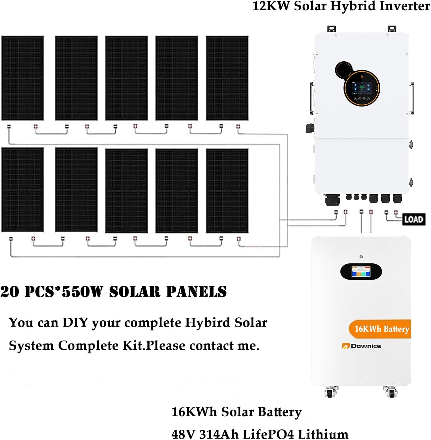 Wiring diagram for the Dawnice 11KW Hybrid Solar System, showing connections between 20 solar panels, the 12KW hybrid inverter, and the 16KWh LiFePO4 battery.