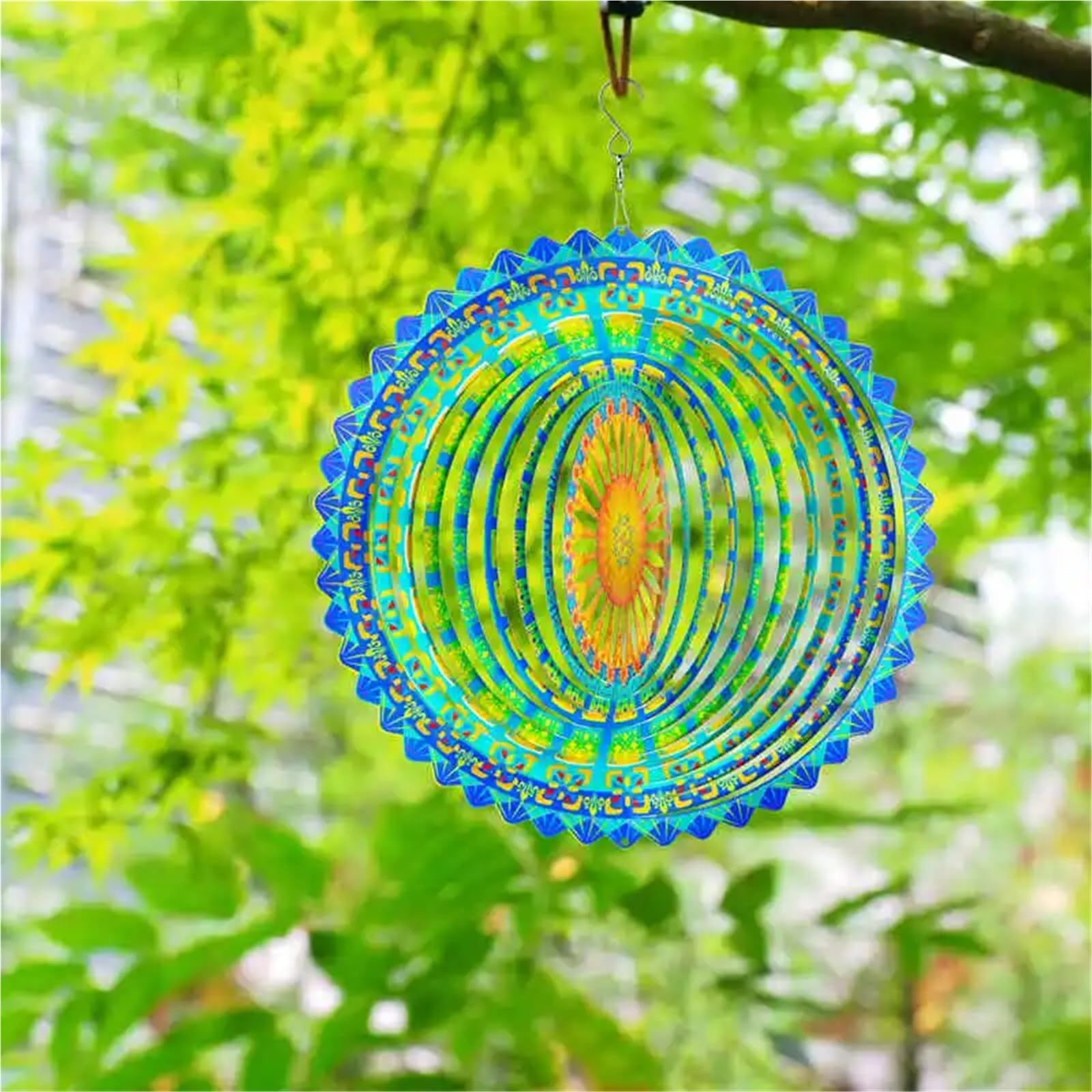 Windspiel Mandala Windspinner Mandala 3D Hängende Windspiele Metallskulpturen Reflektierender Blumenfänger Outdoor Gartendekor Kinetische Hofkunst(Green)