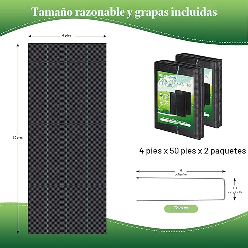 Miniatura 2 de FEED GARDEN Tela de barrera de malezas de 4 x 100 pies, tela geotextil resistente de 3.2 onzas para jardinería, con 30 estacas en forma de U