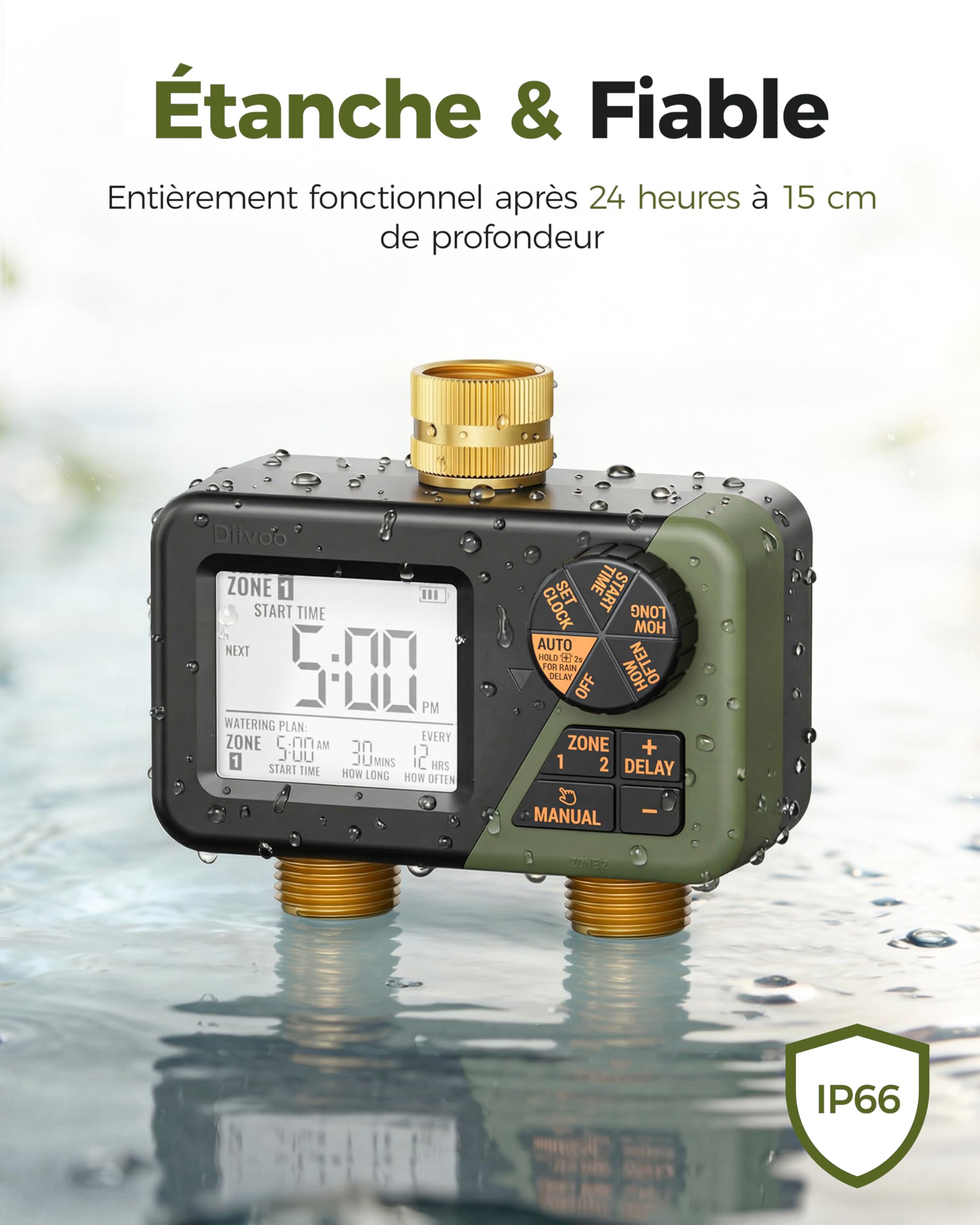 Diivoo Programmateur Arrosage Automatique avec Entrée et Sortie en Laiton, IP66 Minuteur Arrosage avec Grand Écran LCD, Retard de Pluie, Arrosage Manuel pour Pelouse et Jardin