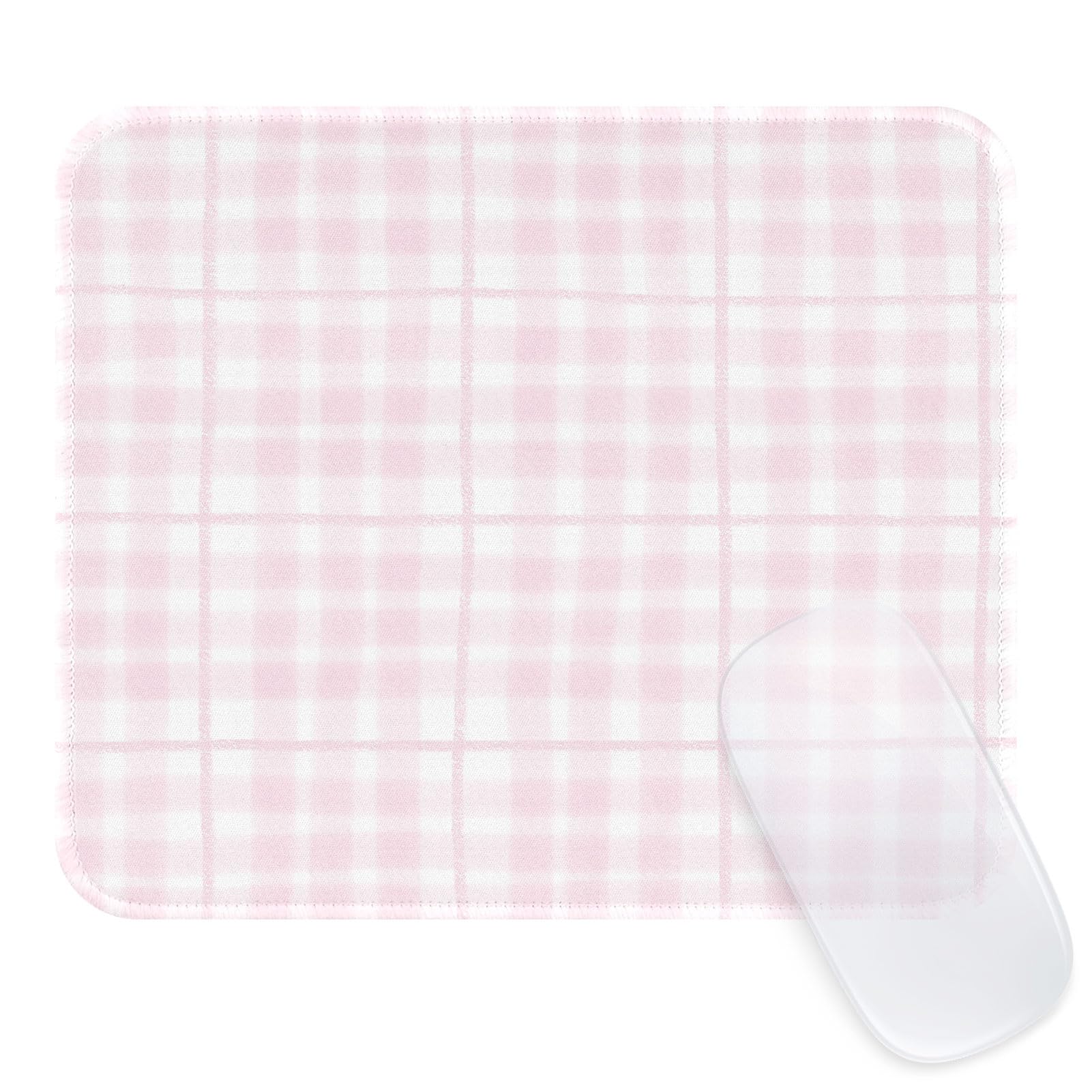 Square Cute Striped Mouse Pad with Stitched Edge, Premium Waterproof Cloth Aesthetic Small Mouse Mat, Non-Slip Rubber Base Simple Funny Mousepad Desk Accessories,Pink Checkerboard