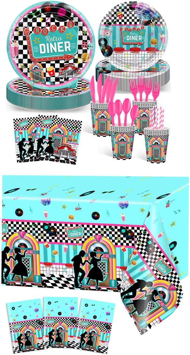 Avezano 192 Pcs 50s Party Plates Napkins, 3pcs 50s Tablecloth 108x54 Inch