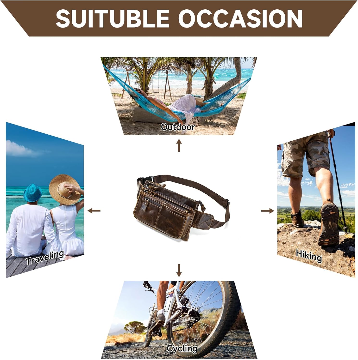 Genuine Leather Fanny Pack Crossbody sling bags zipper Waist Purse Oilcoffee - Image 7