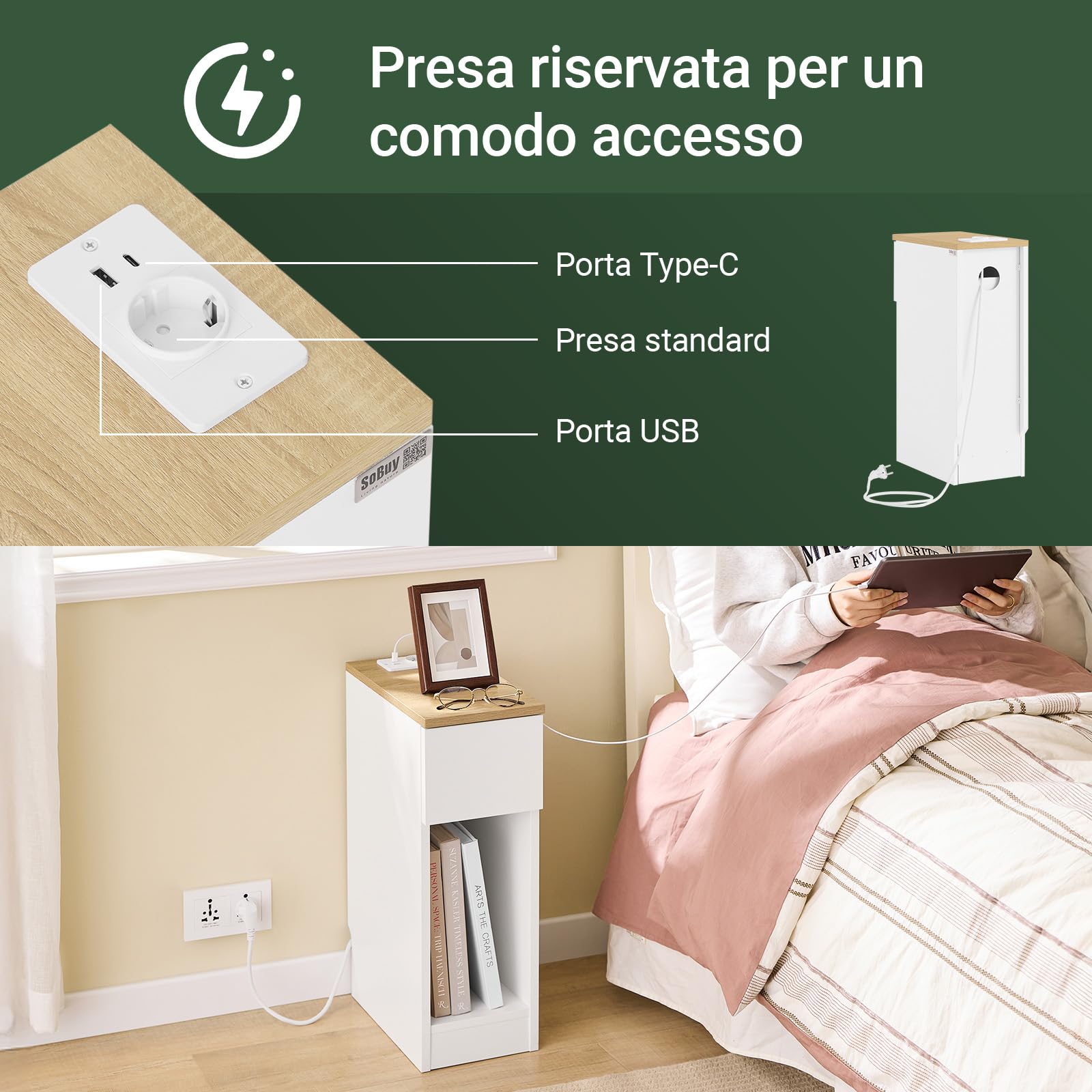 SoBuy Set da 2 comodini camera da letto stretti con ricarica USB & Type-C, tavolino da letto con incavo battiscopa, mobile salvaspazio per piccoli ambienti, bianco 20x35x60 cm FBT111-E-WNx2