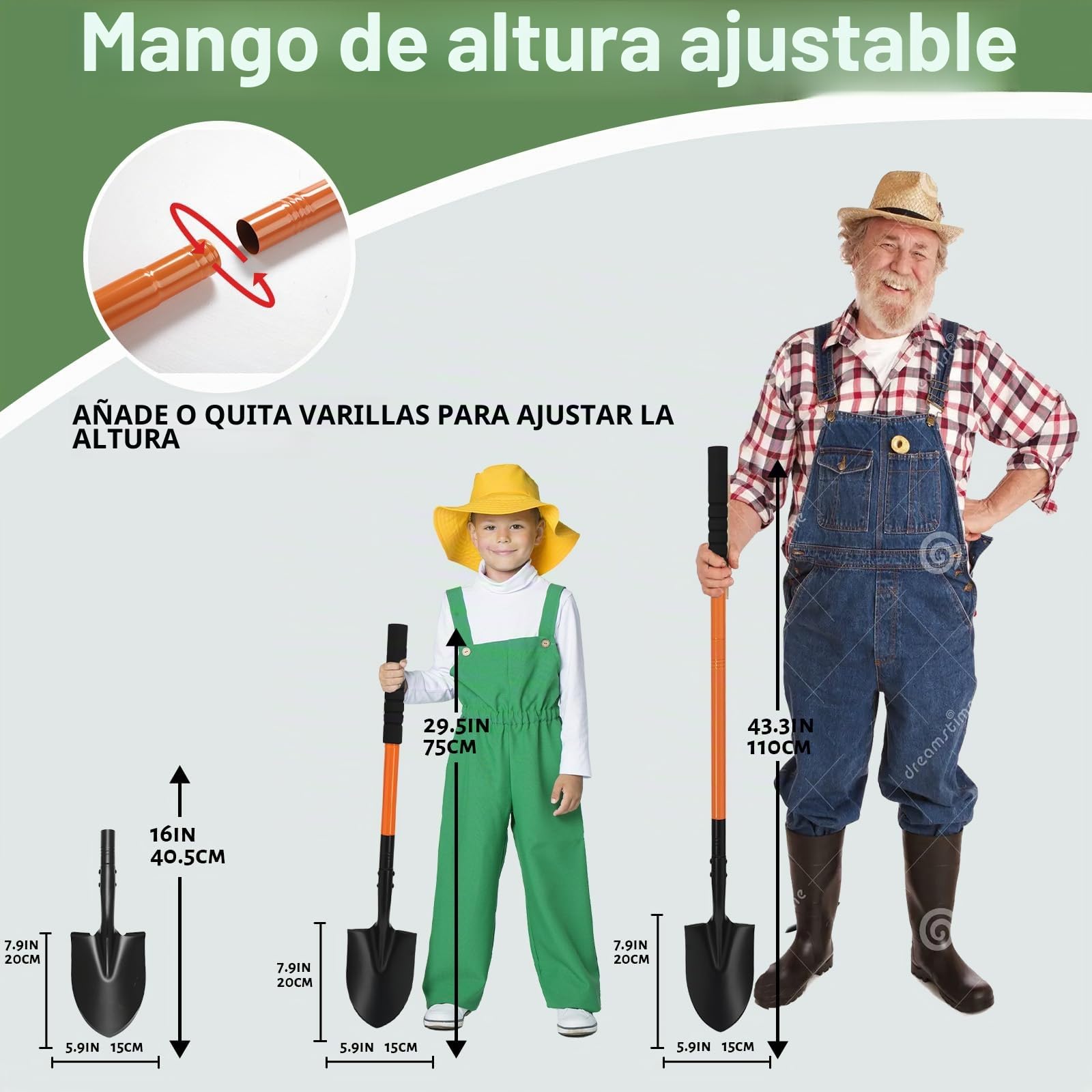 Pala jardineria pequeña con Ajustable Mango metálico de 110cm, Mini Pala Desmontable para jardinería Camping Supervivencia,Orange