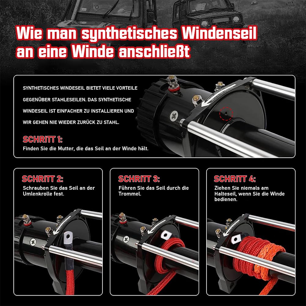 Seil-Winde 12-Strand 20500 LBS mit Schutzhüllenhaken f. LKW ATV UTV | 10mm x 28m Synthetik-Kunststoff-Seil UHMWPE Synthetikseil Windenseil Forstseil 9299KG Anhängerseil Fahrzeugwinde