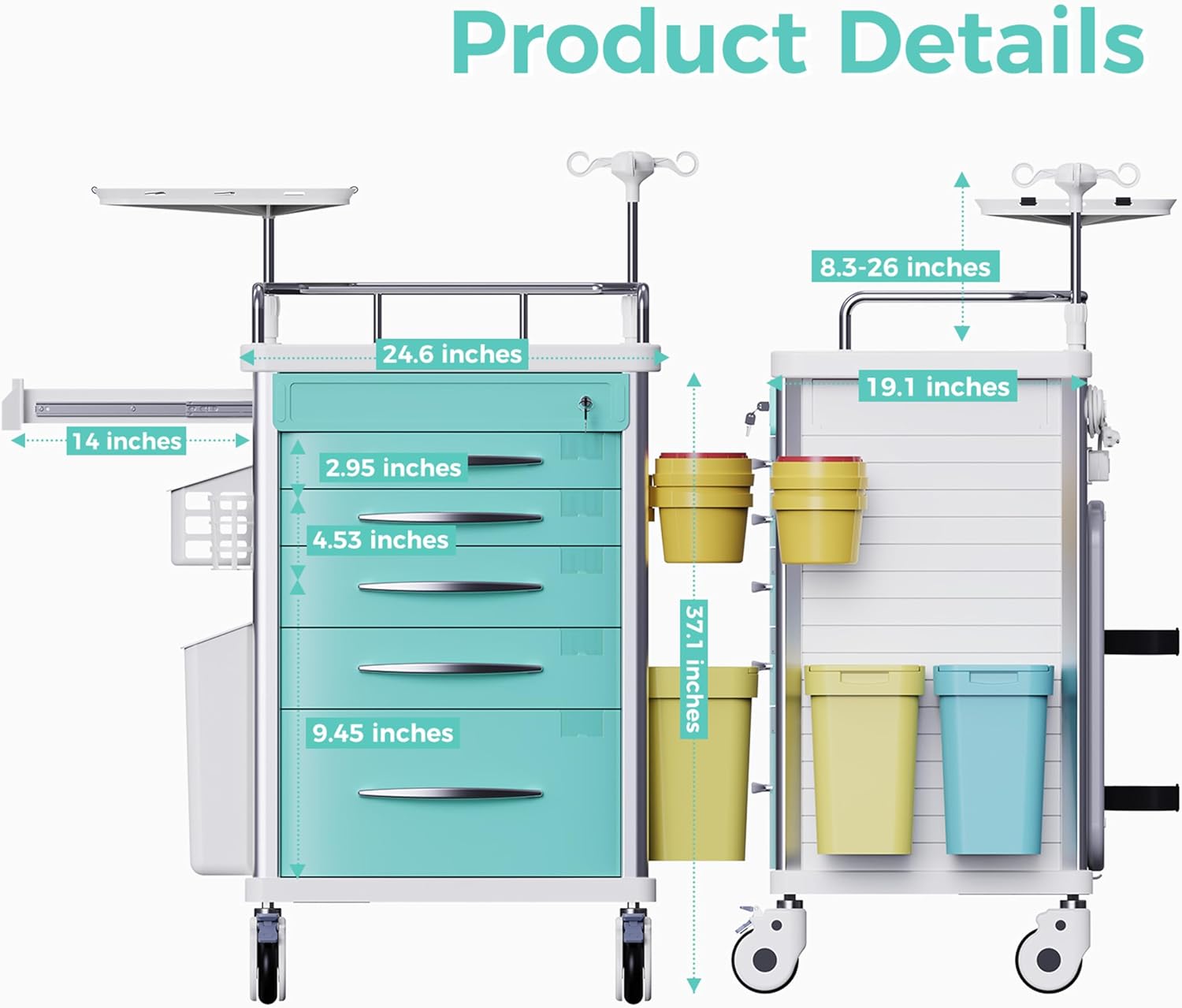 Rolling Crash Cart Medical with Drawers - Adjustable IV Pole, Silent Casters, Needle Disposal Holder, Trash Bin, O2 Holder, Utility Trolley Cart for Clinic, Hospital, Salon, Lab