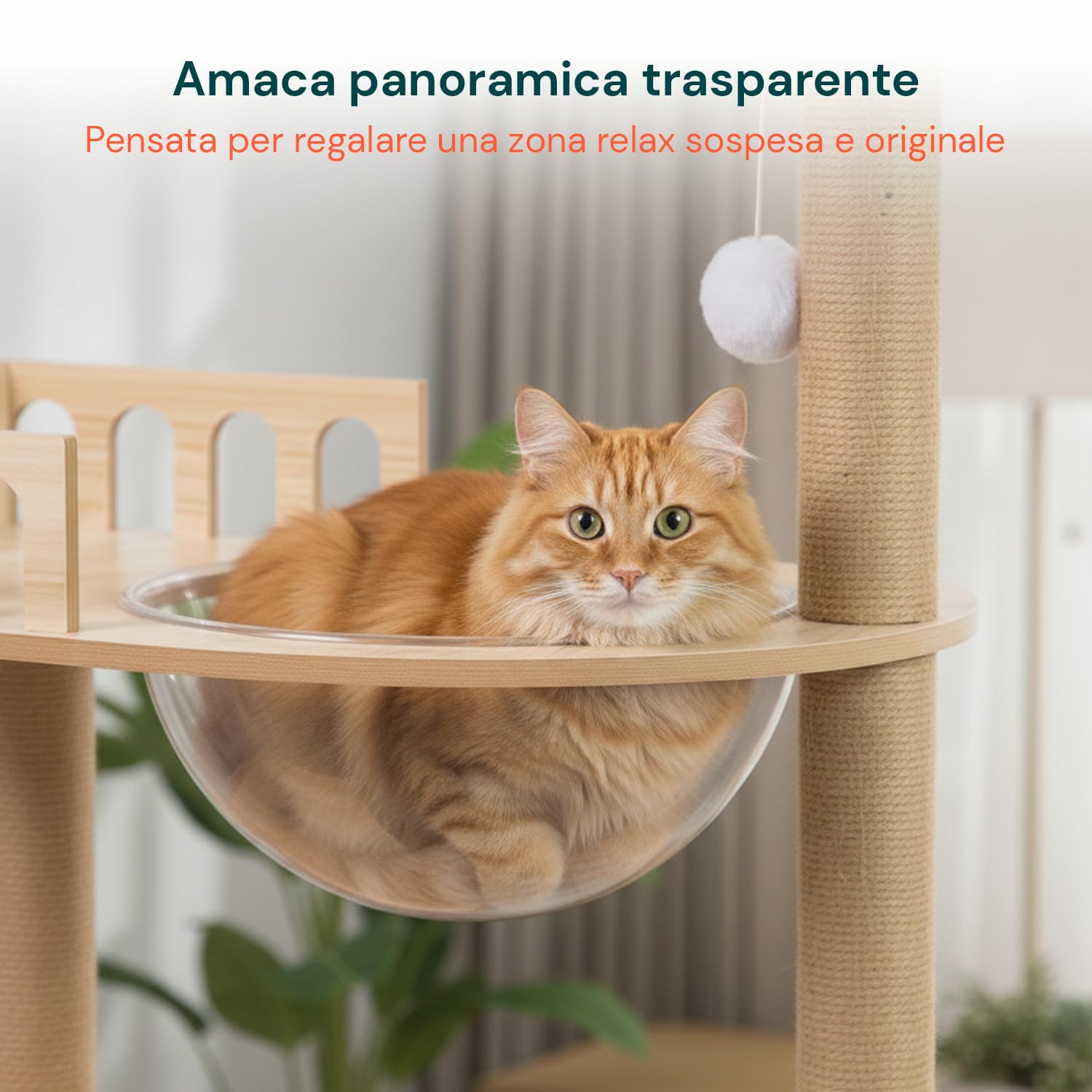 Avilia - Tiragraffi per Gatti Multilivello con Cuccia, Piattaforme in MDF e Colonne in Sisal, H135 cm, con Amaca Trasparente e Pallina Pendente, per Gioco, Relax e Osservazione