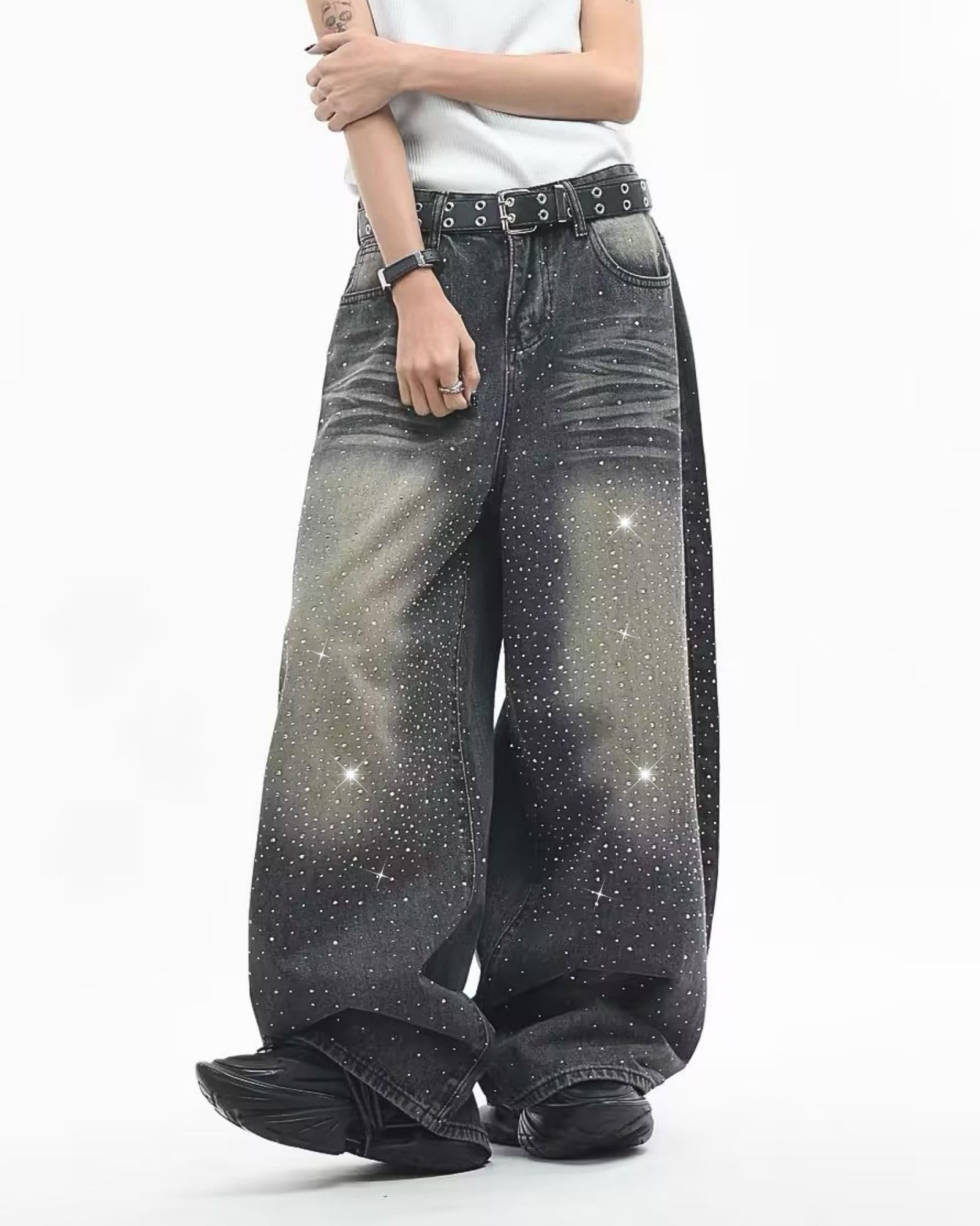 Glitzernde Jeans für Damen und Mädchen, weite Beine, Glitzer-Denim-Hose, Strass, lässige Szene