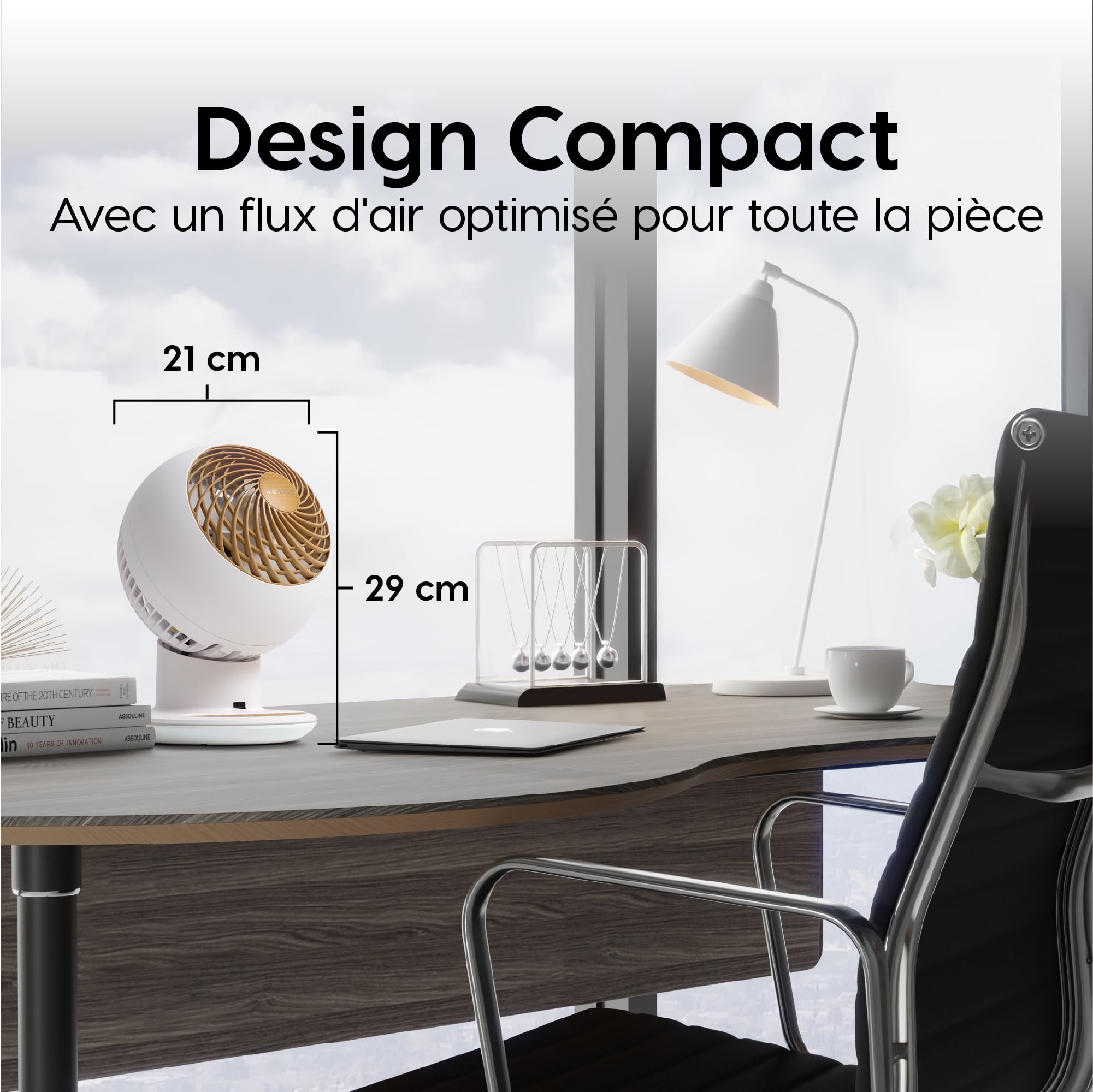 Iris Ohyama Woozoo Ventilateur de Table, Pièce de 30m², Oscillation Multidirectionnelle, Télécommande, Silencieux 30dB, Portable, 5 Vitesses, Minuteur, Fan, Pour Chambre, Bureau, Blanc-Bois, PCF-SC15T