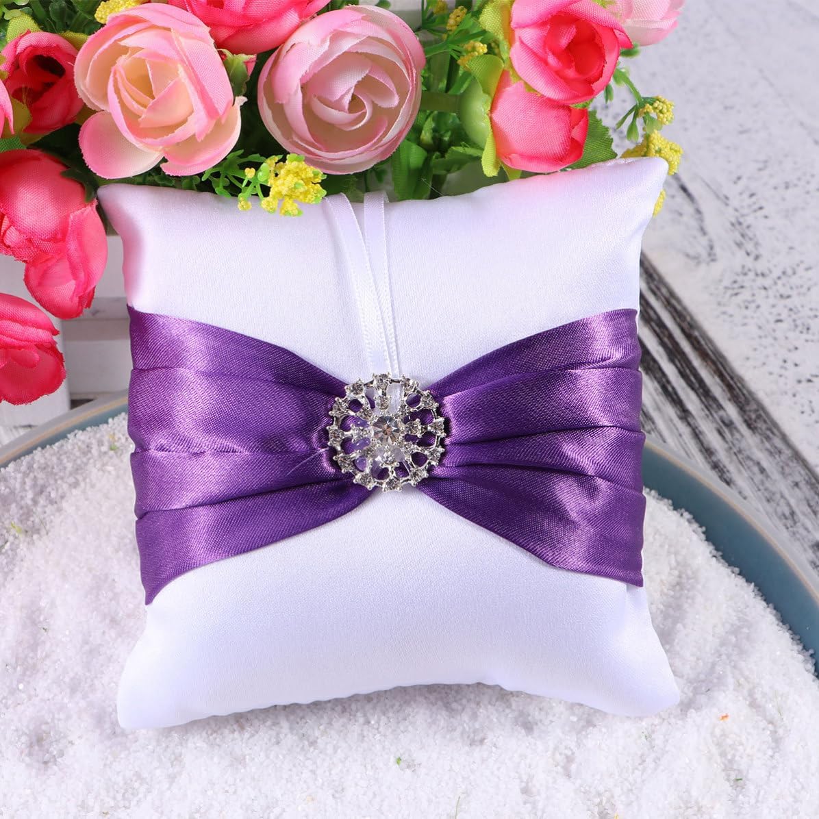 Purple Wedding Ring Pillow 10x10cm Crystal Cloth Bearer Cushion