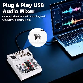 4-Channel Professional DJ Audio Mixer Interface Sound Board, White | XLR/TRS Inputs, +48V Phantom Power, Vocal Effects, Hi-Z, Real-Time Monitor, Live Streaming, Podcasting, Singing, Guitar