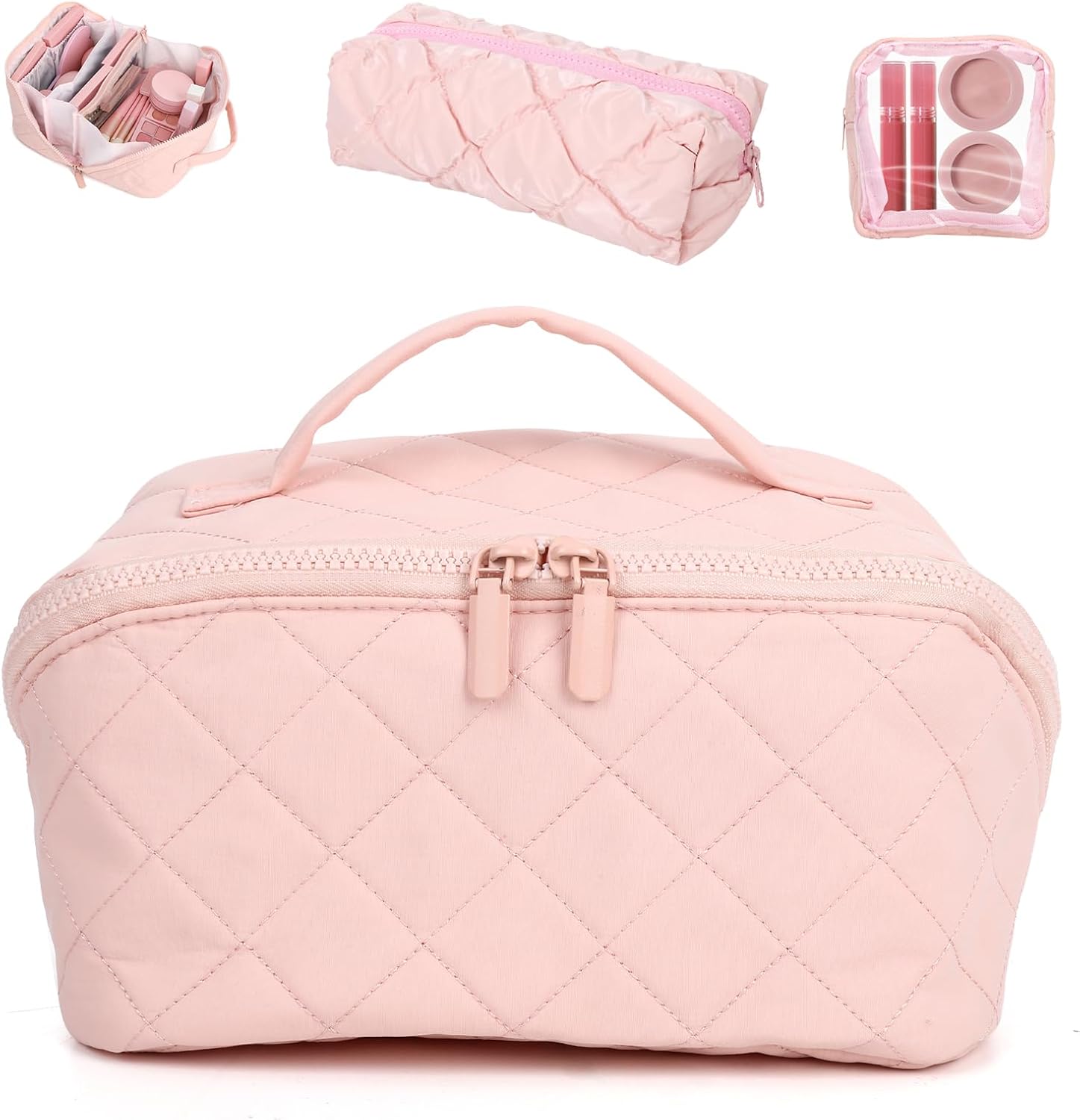 3 Pcs Travel Makeup Bag for Women, Waterproof Cosmetic Organizer with Lay-Flat Design, Multiple Compartments for Toiletries, Makeup Brushes, Travel or Daily Use