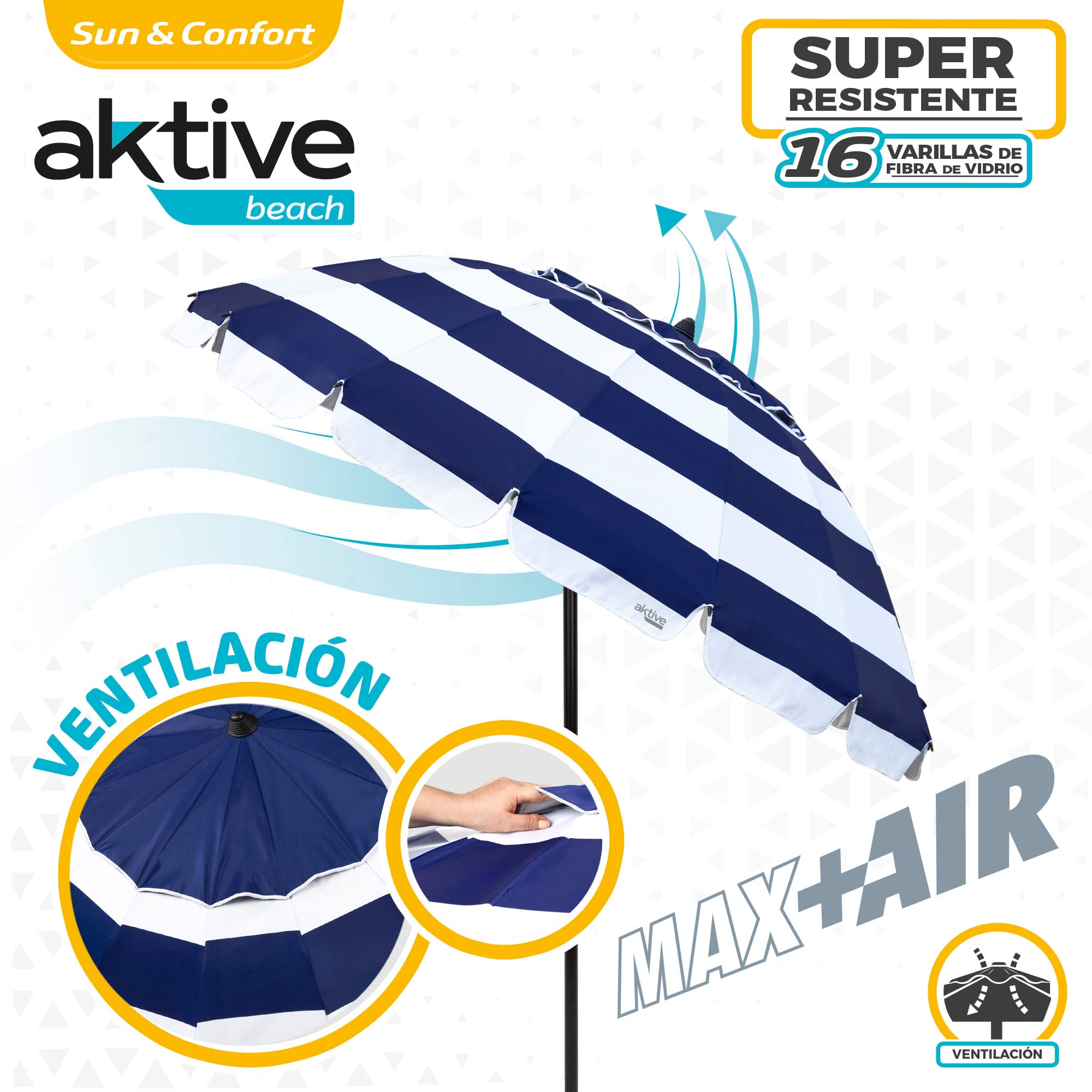 AKTIVE 62247 | Ombrellone da spiaggia antivento con protezione UV50 | Ombrellone da spiaggia Ø240 con altezza regolabile e asta inclinabile | Ultra antivento | Include borsa per un facile trasporto
