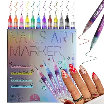 Nail Art Pens for Painting Nails, 12 Colors Nail Art Markers Fine Tip 0.5mm, 2026 Waterproof Nail Polish Pens Set Quick Dry, Portable Nail Paint Pen Liner Doodle for Women Home Salon DIY Manicure Tool