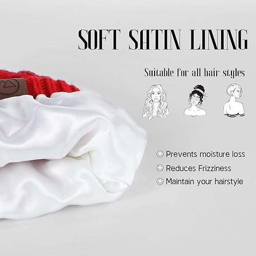 Miniatura 4 de American Trends Gorros de invierno para mujer, gorro holgado con forro de satén y pompón cálido de punto trenzado para nieve