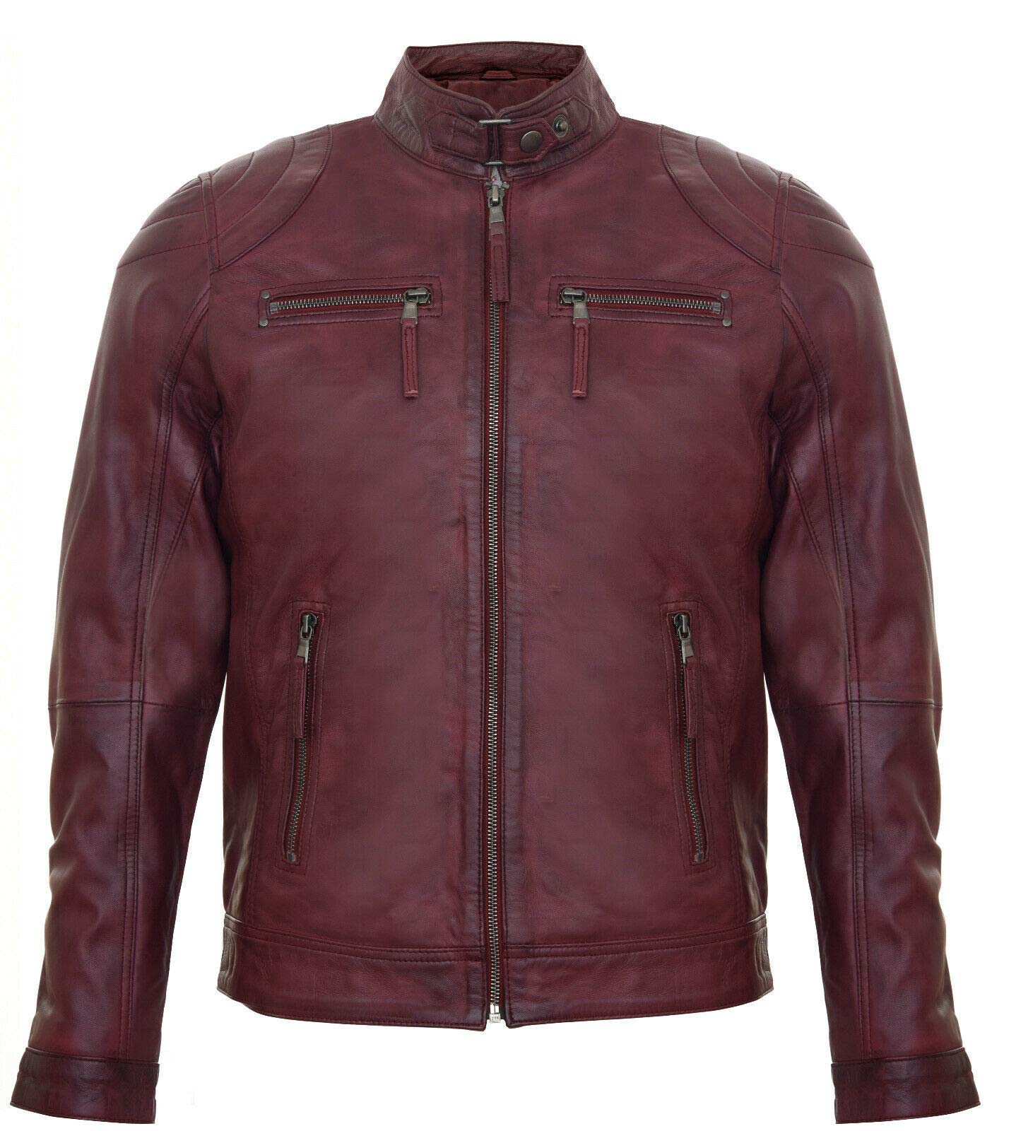 Men's Burgundy 100% Real Leather Moto Racing Biker Fashion Motorcycle Zipped Jacket 4XL