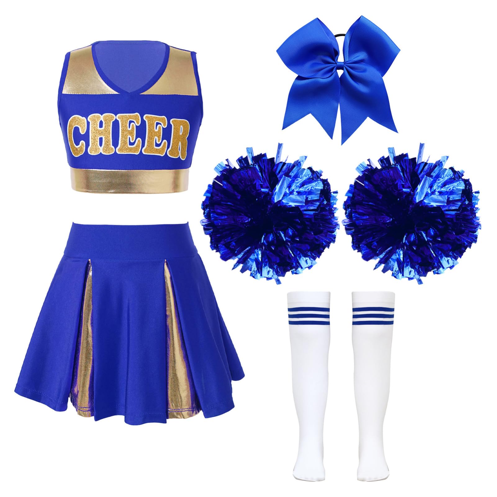 IEFIEL Cheerleading Pompons Fille Pom-Pom Girls Pompoms Haut Jupe Chaussettes Danse Sports Enfant Ensemble Uniforme Scolaire Halloween Fête Performance