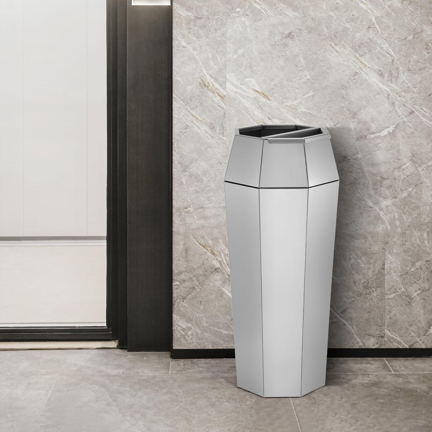 Dyna-Living Commercial Trash Can Large Garbage Can with Lid, Open-top Tall Stainless Steel Trash Bin Industrial Garbage Container for Patio Lobby, Silver