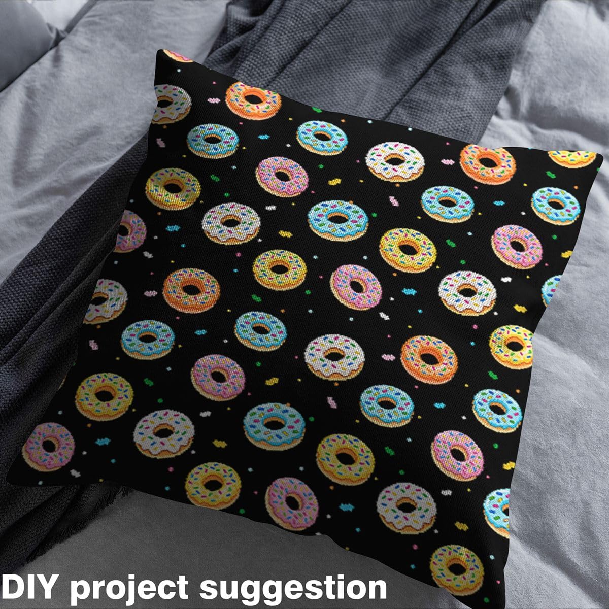 Castle Fairy Pixel Donut Fabric by The Yard,Kawaii Pixelated Sweet Dessert Sewing Fabric,Candy Ice Cream Dots DIY Fabrics Soft Polyester Black Colorful Supplies Fabrics 1 Yard 36"x59" image 3