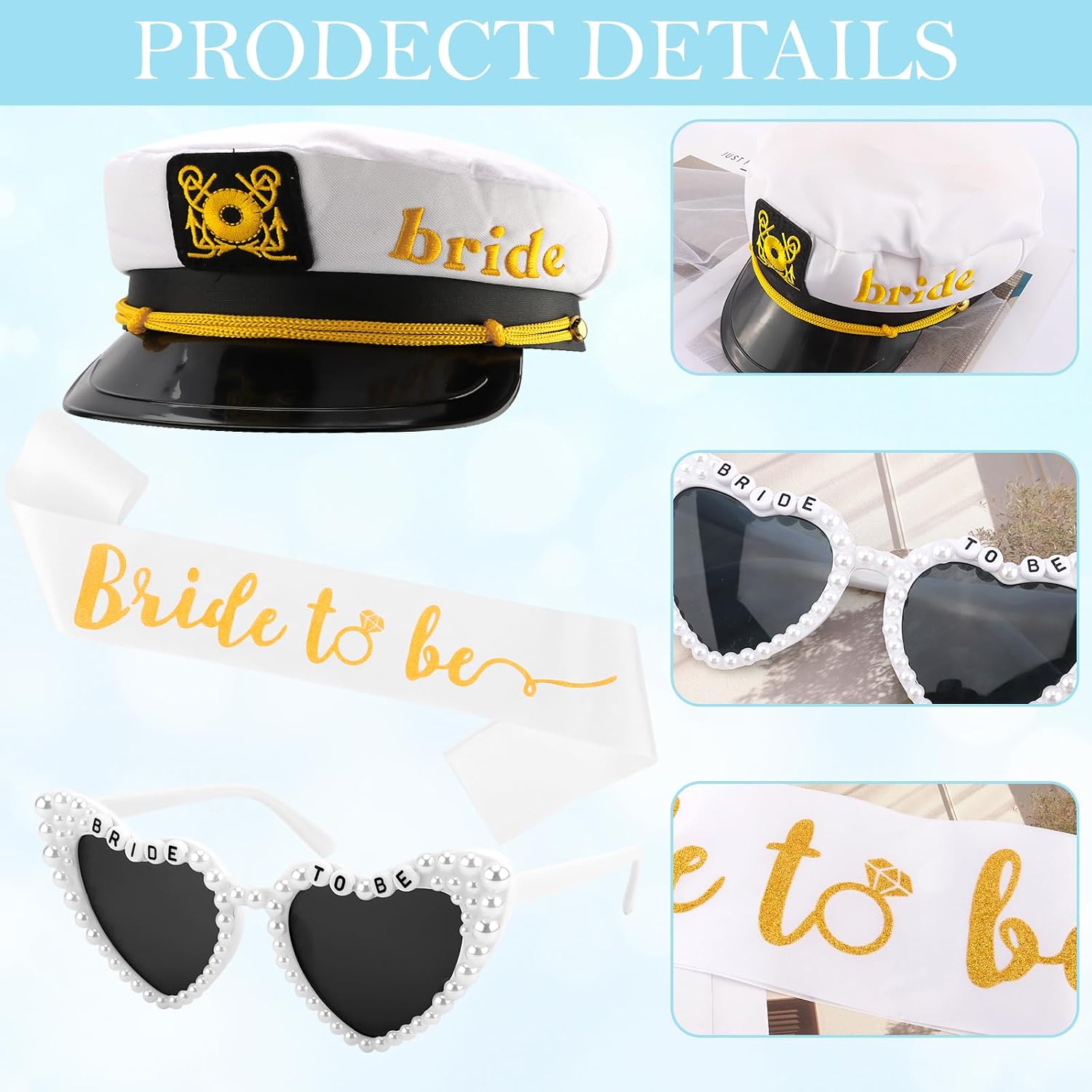 Chanaco Bride Captain Hat with Veil Bride to Be Sash and Sunglasses Bachelorette Party Favors Decorations Beach Wedding Accessories Bridal Shower Sashes Engagement Gifts