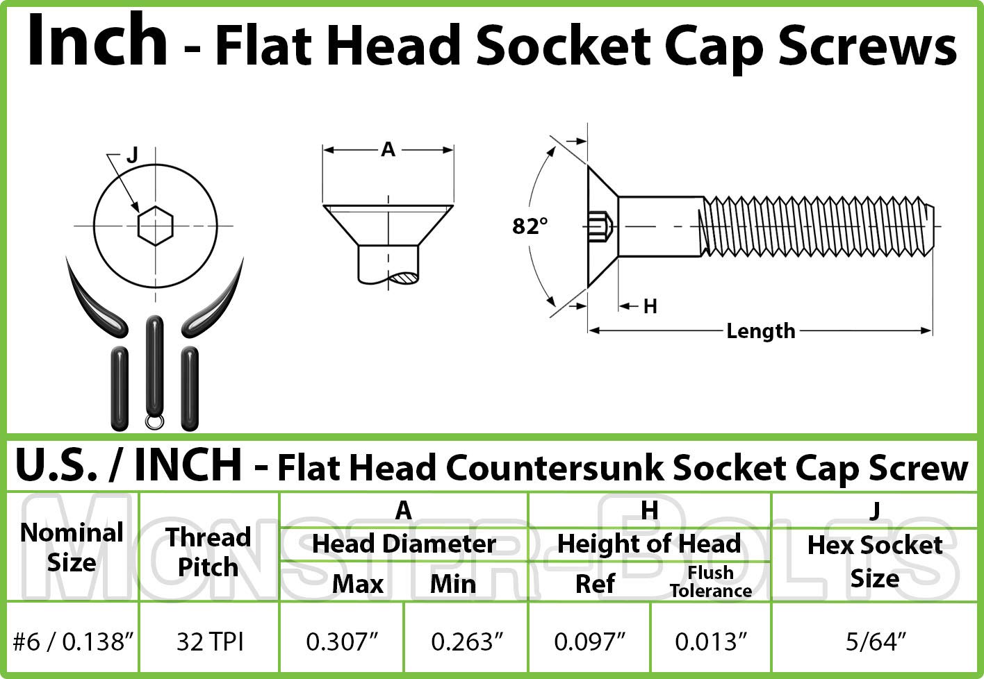 MonsterBolts - #6-32 x 3/16" Flat Head Socket Cap Screws, ASTM F8356, Alloy Steel, Black Oxide, 50 Pack