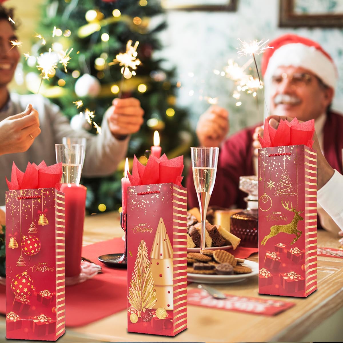 ZJHiome 12 Pack Christmas Bottle Gift Bags with Tissue Paper,13.7" Thick Paper Bottle Bags Bulk for Champagne & Wine Bottles,Reusable Wine Bags for Gift (Red & Gold) - Image 6