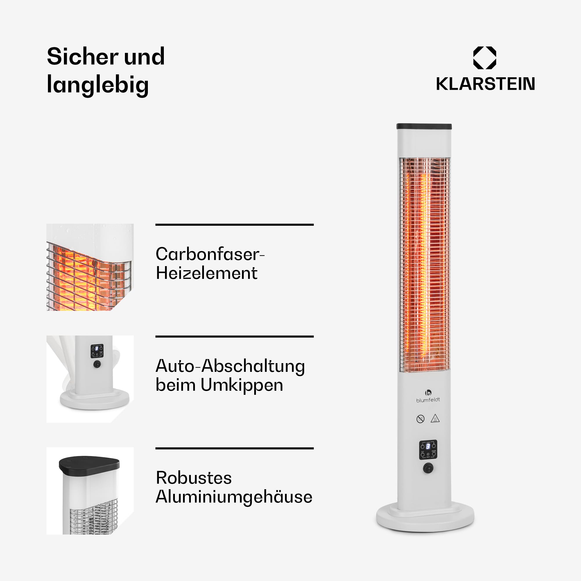 blumfeldt Infrarotheizung, Heizstrahler für den Innenraum, Infrarotheizung Standgerät, Sicher Elektroheizung mit Kippschutz, Energieeffiziente Heizung mit IP65, Terrassen-Heizstrahler, 1200 Watt