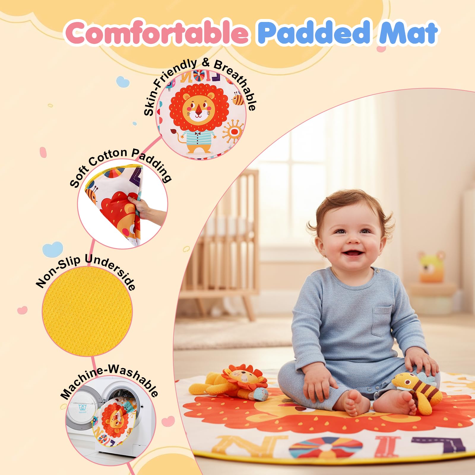 Spieldecke Baby Gym, 6 in 1 Spielbogen 0-12 Monate mit Musik Klaviermatte, 4 Hänge-Spielzeug, Licht & Töne, 400+ Geräuschen, Aktivitätsmatte mit Abnehmbarem Babyspielzeug für Neugeborene