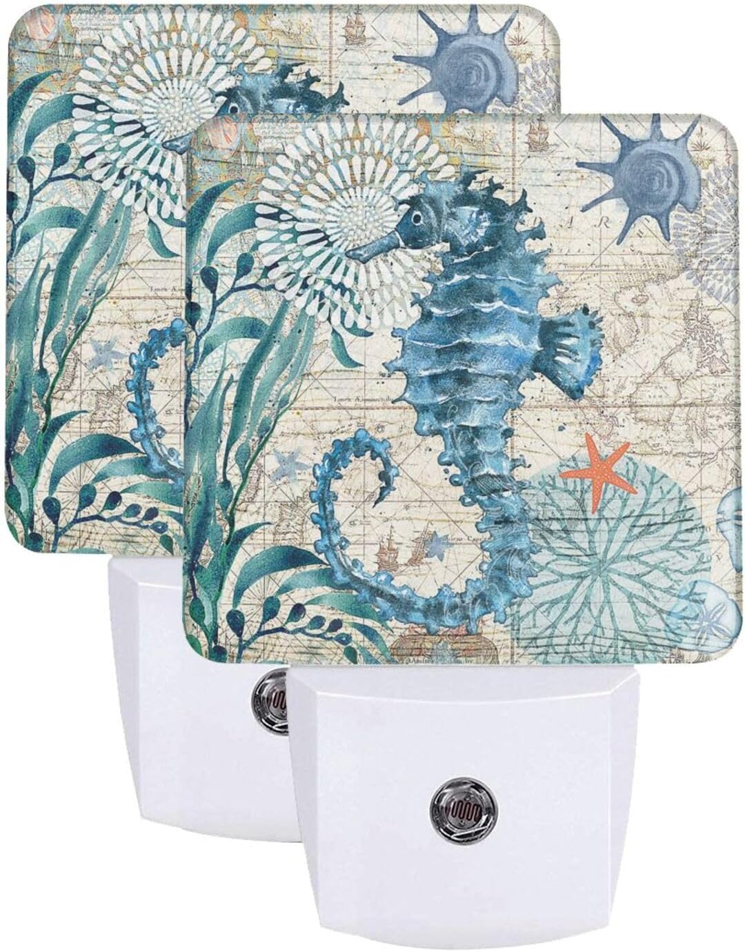 Vintage Seahorse Coral Seashell Plug-in Led Night Light Dusk to Dawn Auto Sensor Nightlights for Kids Room Bedroom Bathroom Kitchen Stairs Hallway Garage Decor Desk Night Lamp