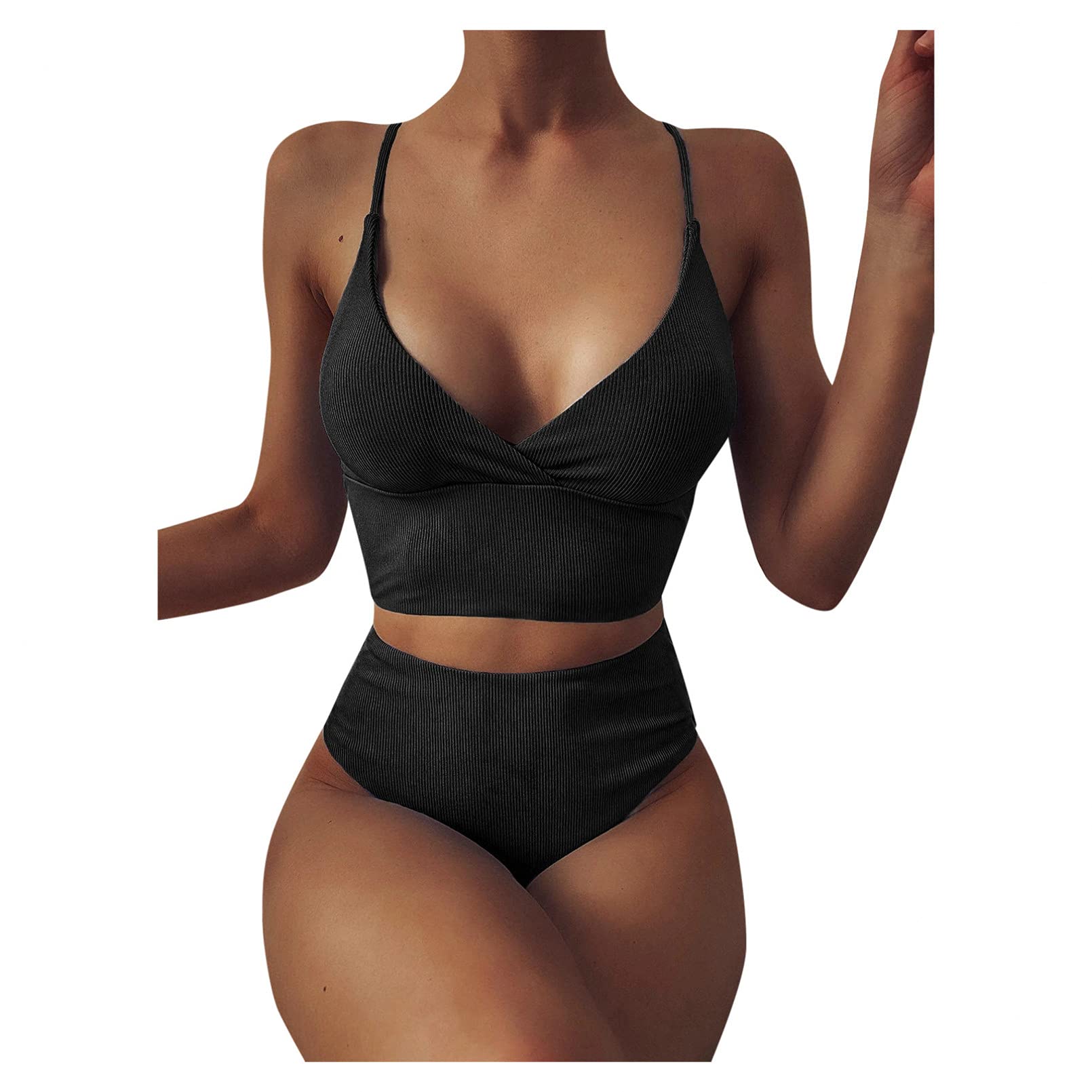 BAJIE Maillot de bain 2 pièces à col en V pour femme Taille haute - Noir - XL