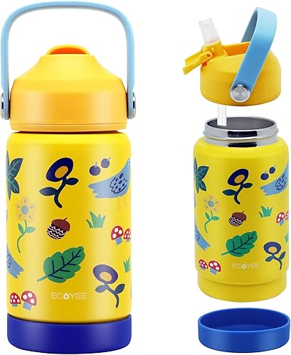 ECOYEE Botella de agua aislada de acero inoxidable de 12 onzas para niños, tapa abatible de silicona de grado alimenticio, asa de transporte, base