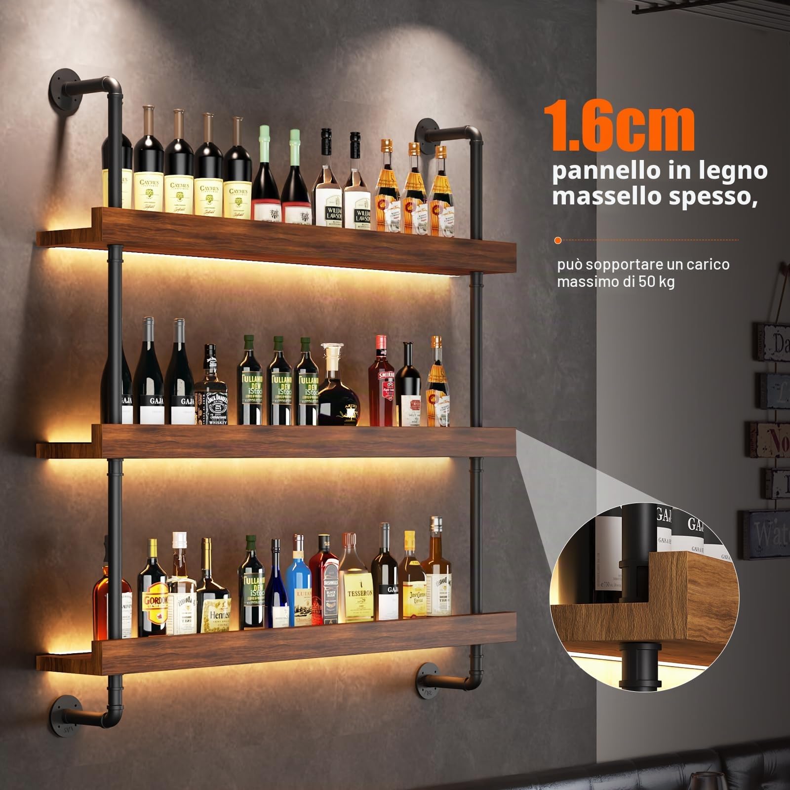Portabottiglie da Parete con LED, 3 Livelli legno portabottiglie in metallo per vino, 80cm Vetrinetta Pensile, adatto per bar, cucine e ristoranti