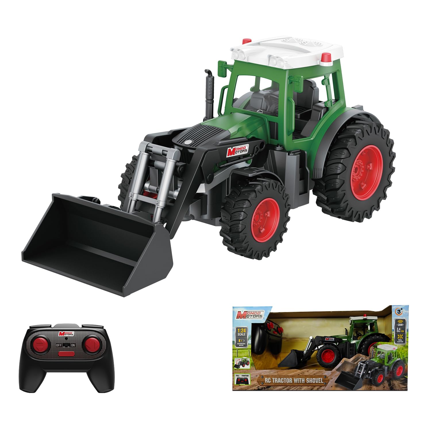Tracteur radiocommandé Mondo Motors avec Godet, modèle à l'échelle 1:24, Batterie Rechargeable Incluse, Jouet pour Enfants 63864