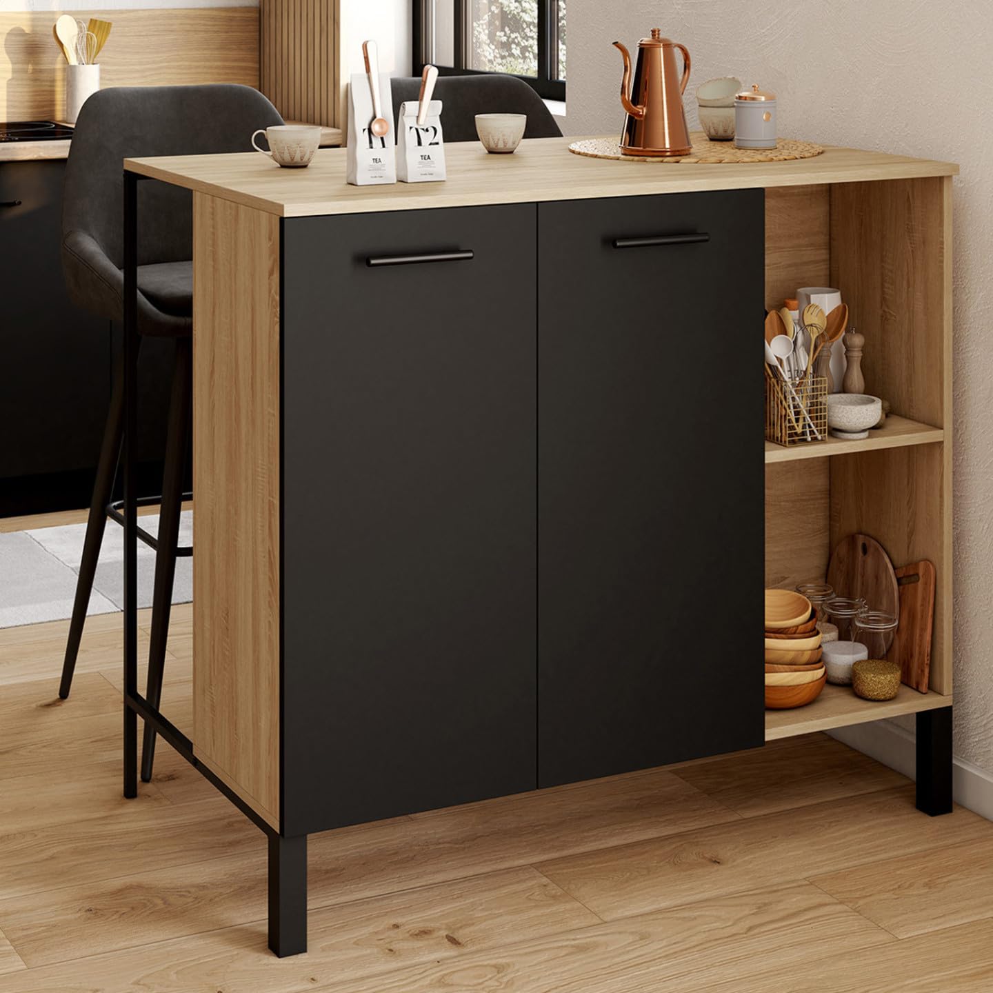 IDMarket - Tavolo bar a isola CINA da 100 cm in legno nero con piano in faggio