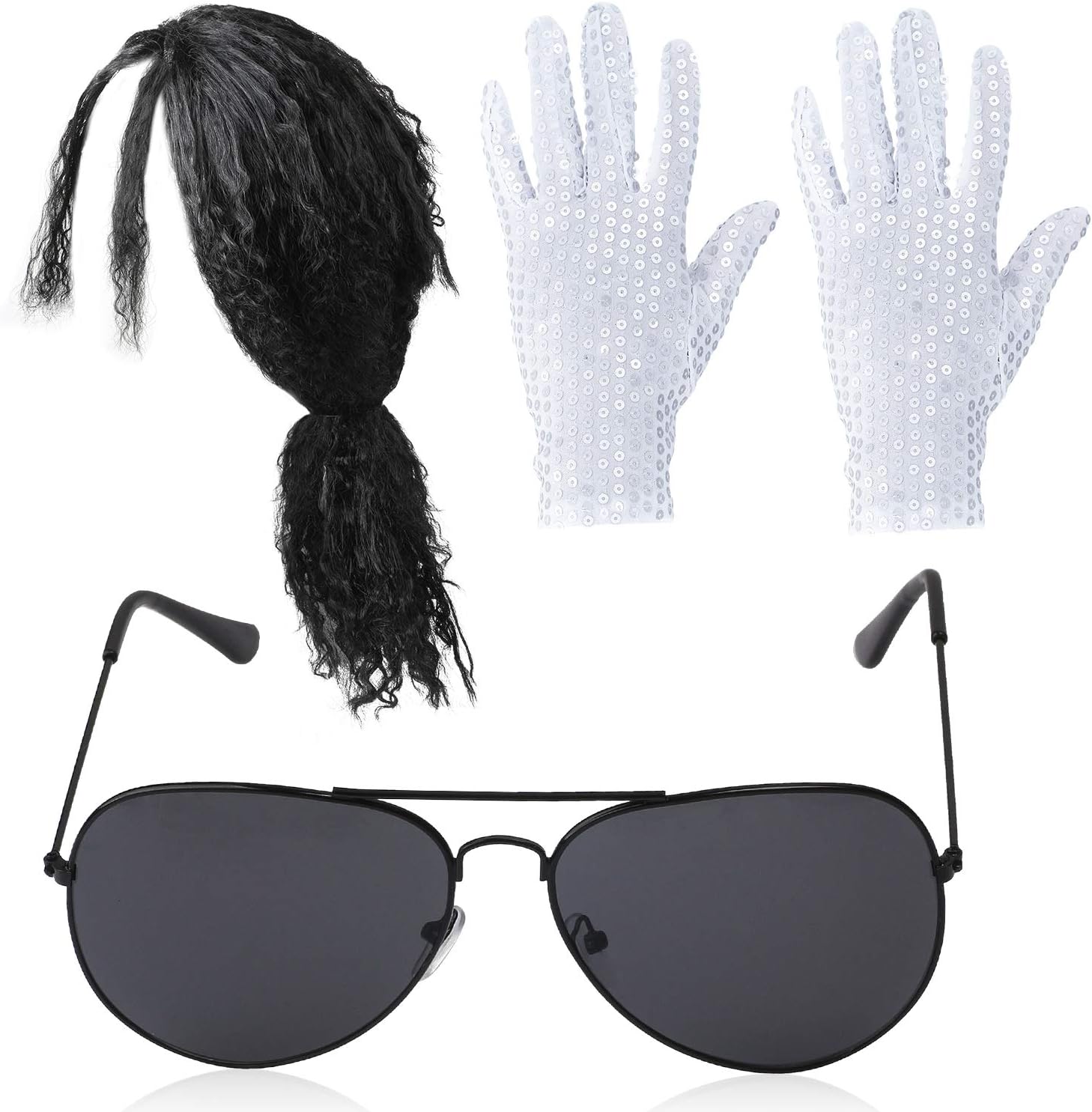 Beelittle 80s Pop Rockstar Dance Costume Accessories Set Balck Curly Wig Sequins Gloves Fashion Aviator Sunglasses MJ Performance Kit - 3 Pieces (Long Wig)