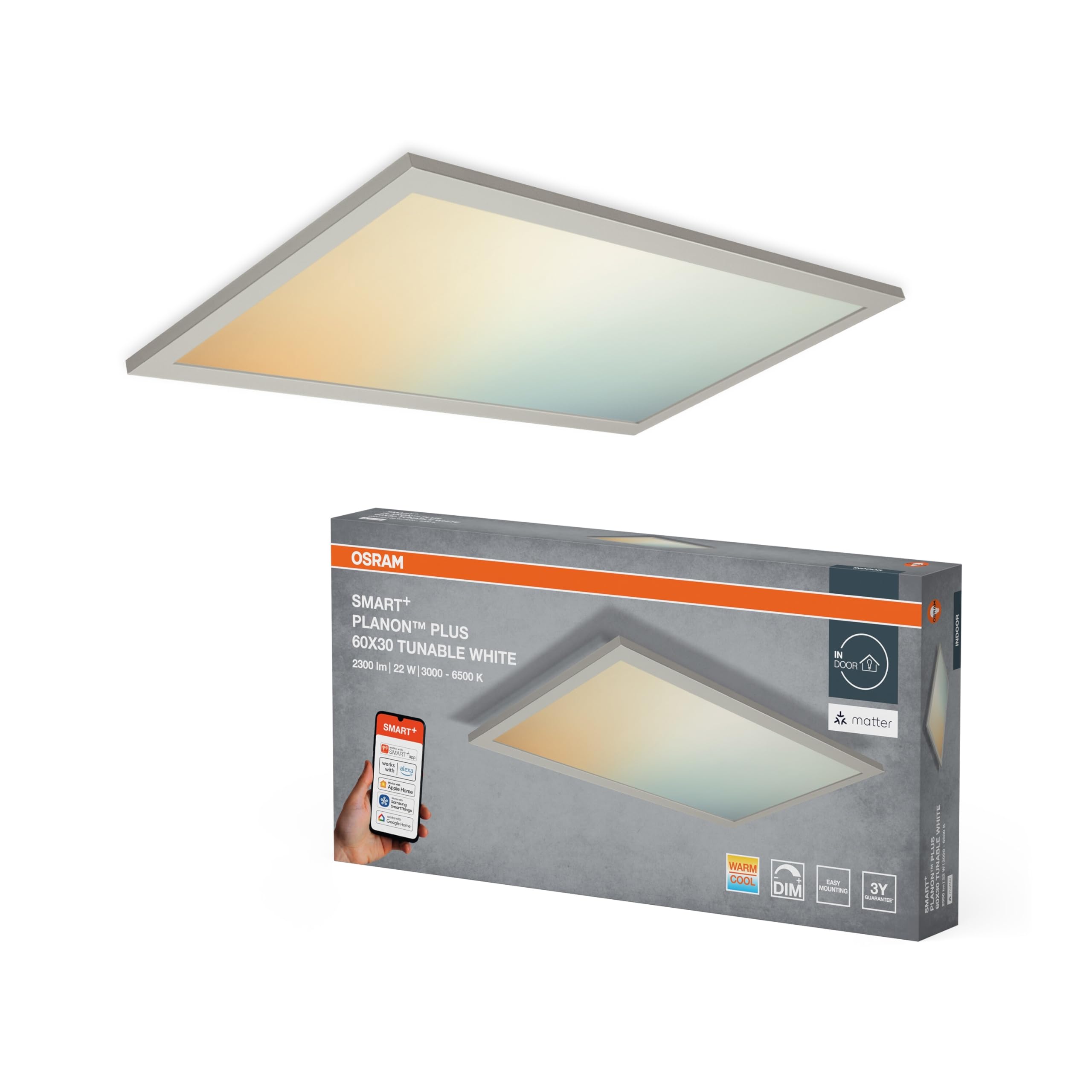 OSRAM SMART+ Matter PLANON PLUS PANEL LED ZMIENNA BIEL, 600x300mm, 22W, 1600lm, 3000-6500K, Matter WLAN | SMART+ MATTER Planon Plus Tunable White, oświetlenie ścienne do wnętrz, białe, 25000 h, opakowanie 1 szt