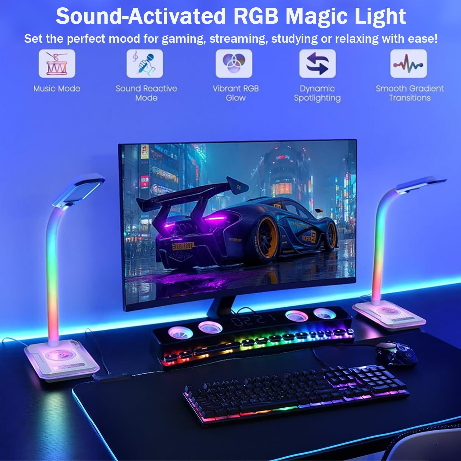 Schreibtischlampe LED Dimmbare RGB Tischleuchte mit 15W Wireless Charger und USB Ladefunktion, Musik Sync, Touch Steuerung, 8 Farbmodi , Einstellbar Schwanenhals Leselicht für Lesen Home Office, Weiß