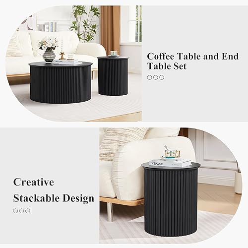 Miniatura 12 de AVZEAR Juego de 2 mesas de centro redondas anidables, mesa auxiliar moderna de granja, mesas anidables de madera natural, mesa auxiliar bohemia para